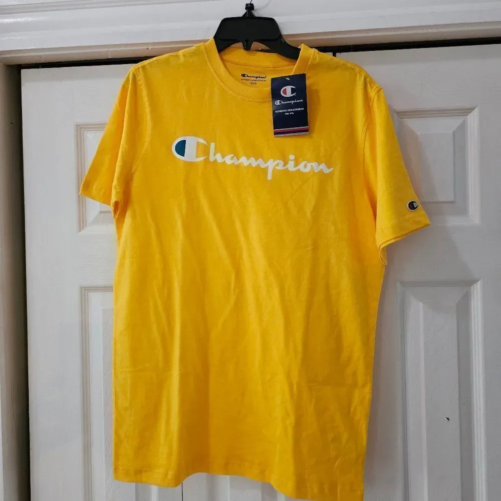 Champion Men's Yellow Cotton Midweight Crewneck Graphic Script T-shirt Size S - Picture 2 of 7